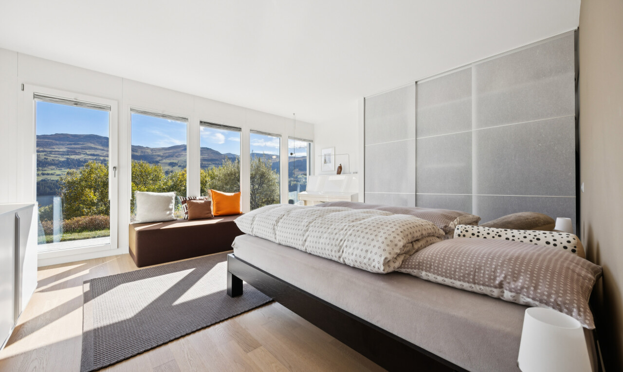 room featuring a mountain view and light wood-type flooring