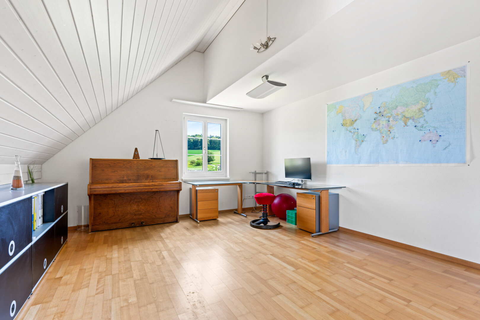 office area featuring light wood-style flooring and a vaulted wooden ceiling