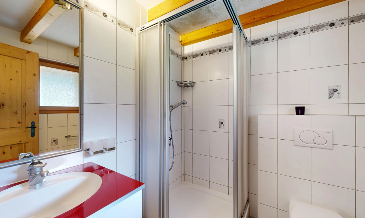 salle de bains avec miroir, salle de bain complète, évier, douche, et lavabo (ou coiffeuse selon le contexte)