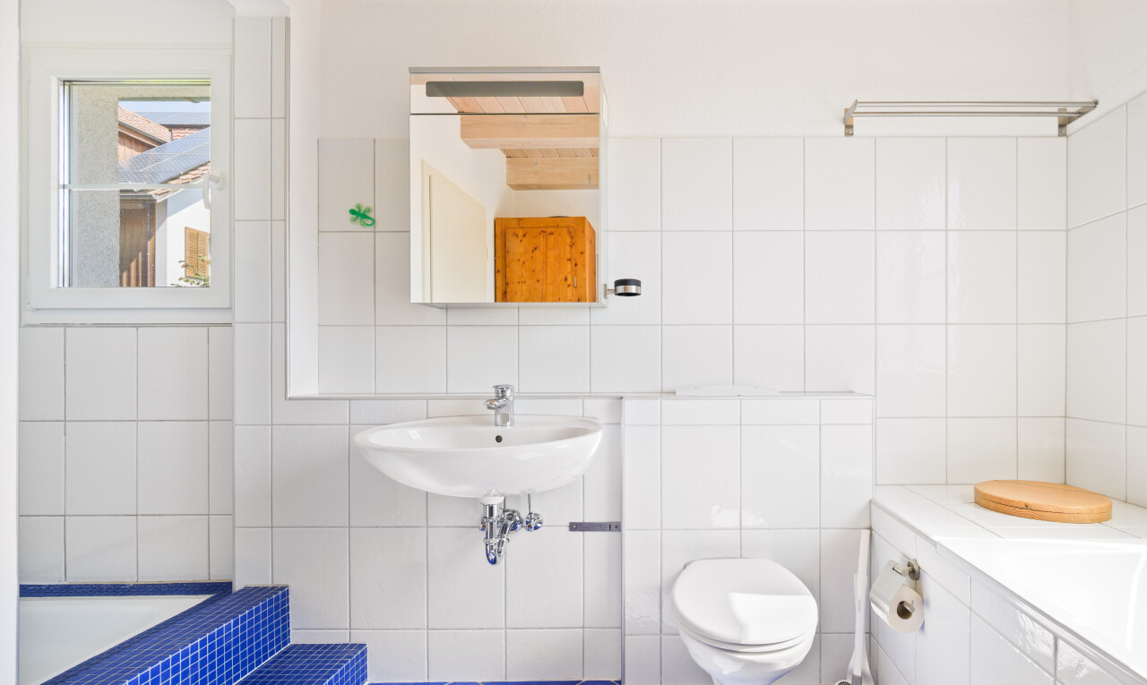 bad mit inside property, komplettes badezimmer, spiegel, natural light, und natürliches licht