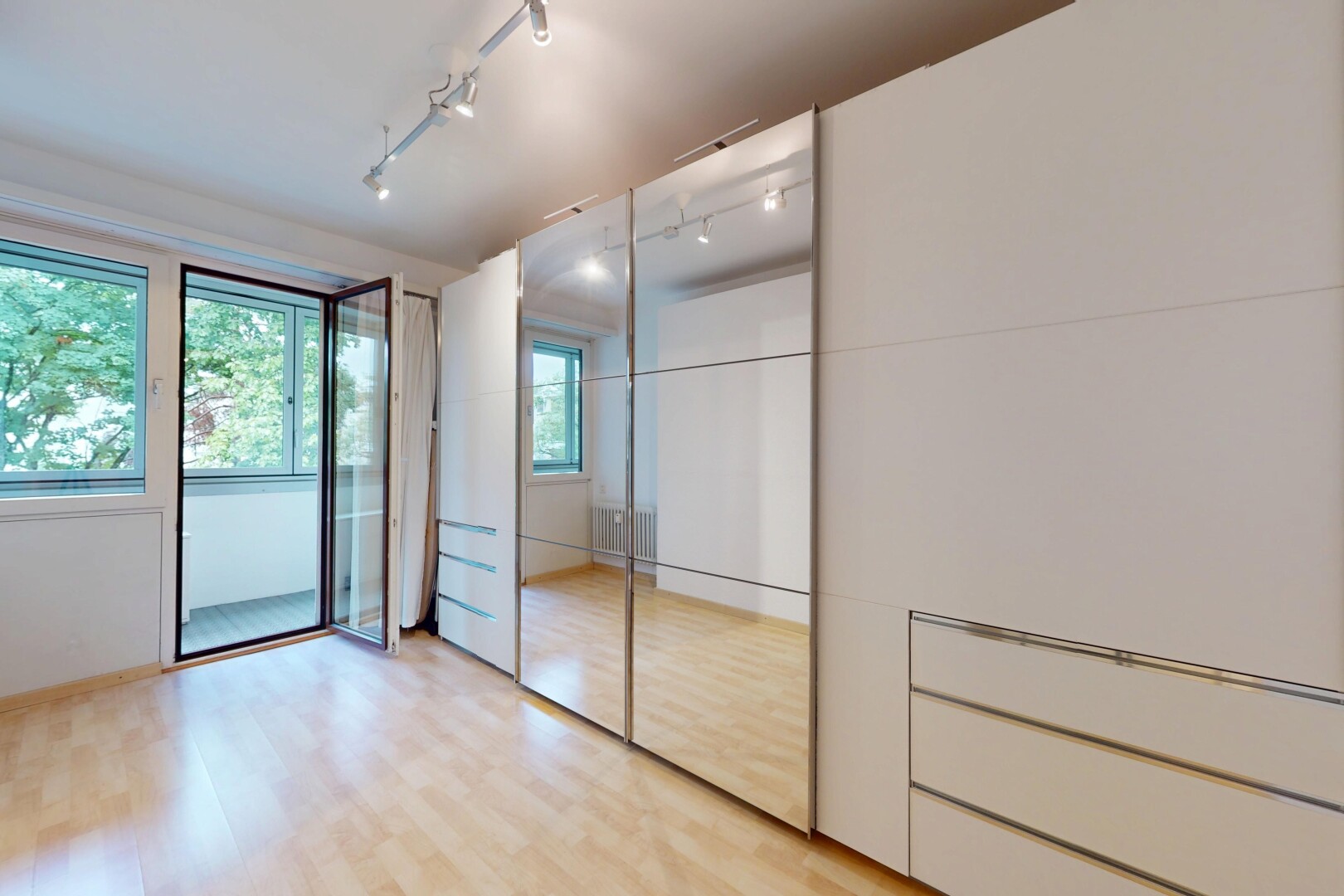 unfurnished room with rail lighting, light wood-style flooring, and a closet