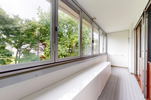 halle / korridor mit overcast, carpet, teppich, inside property, und natural light