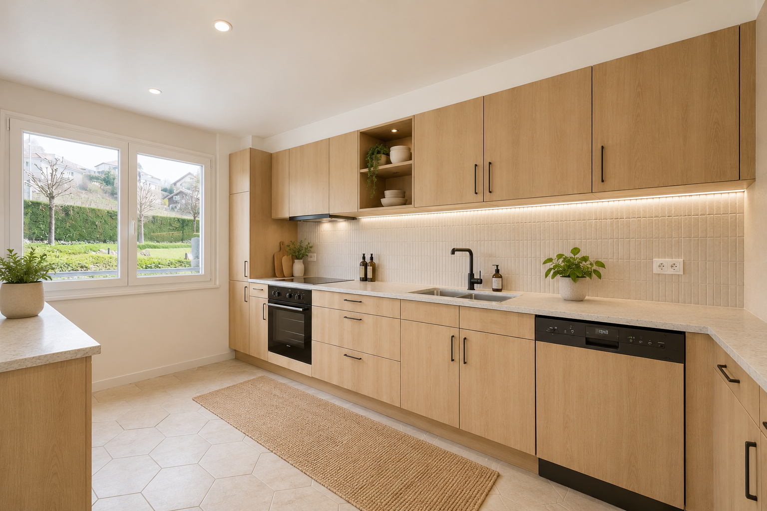 kitchen with light wood finish cabinets, light stone countertops, paneled dishwasher, tasteful backsplash, and black oven