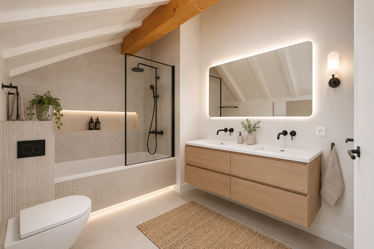 full bathroom with tile walls, tiled shower / bath, dark tile patterned flooring, and vaulted ceiling with beams