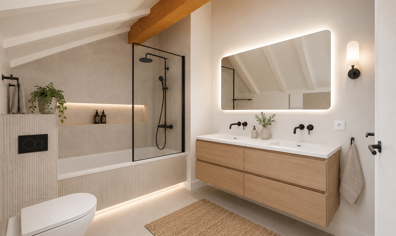 full bathroom with tile walls, tiled shower / bath, dark tile patterned flooring, and vaulted ceiling with beams