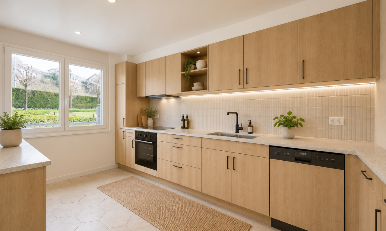 kitchen with light wood finish cabinets, light stone countertops, paneled dishwasher, tasteful backsplash, and black oven