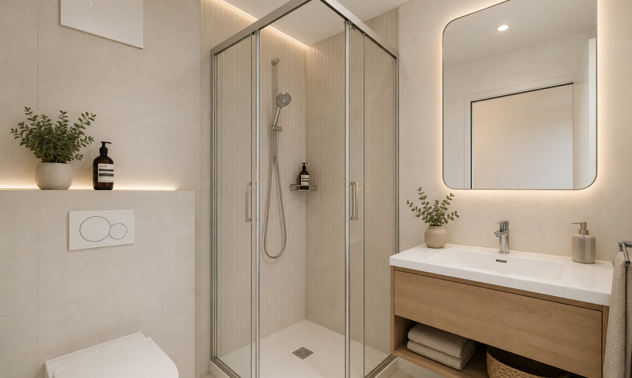full bathroom featuring tile walls and a shower stall
