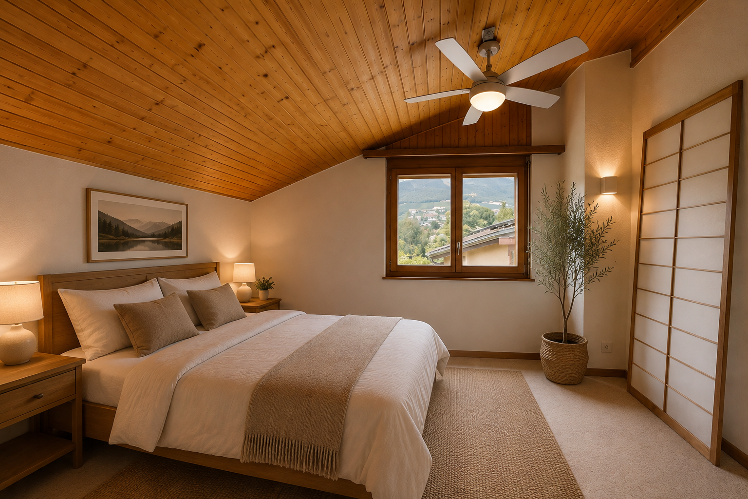 chambre avec vaulted ceiling, plafond voûté, inside property, wood ceiling, et plafond en bois