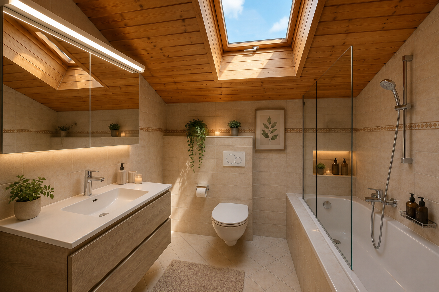 salle de bains avec mur en carrelage, tile wall, plafond en bois, wood ceiling, et toilette