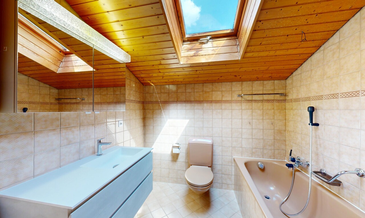 salle de bains avec mur en carrelage, tile wall, plafond en bois, wood ceiling, et toilette
