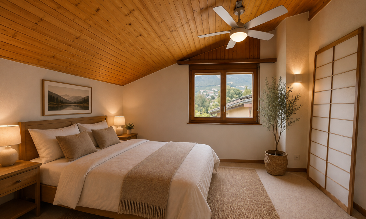 chambre avec vaulted ceiling, plafond voûté, inside property, wood ceiling, et plafond en bois
