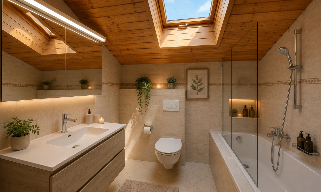 salle de bains avec mur en carrelage, tile wall, plafond en bois, wood ceiling, et toilette