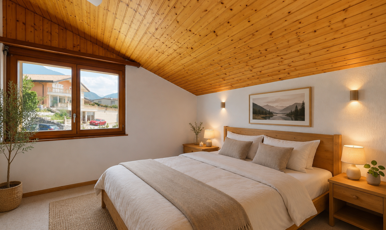 chambre avec plafond voûté, vaulted ceiling, pièce supplémentaire, plafond en bois, et wood ceiling
