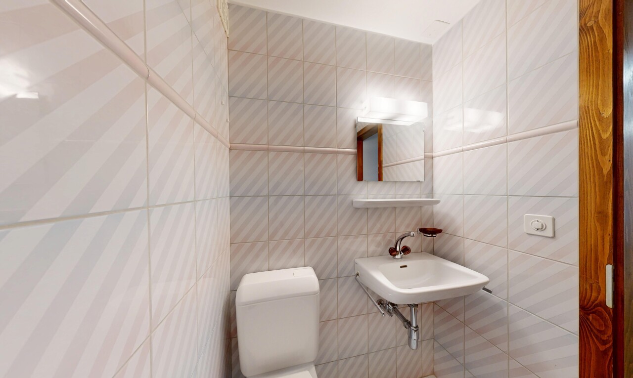 salle de bains avec toilette, miroir, tile wall, mur en carrelage, et évier