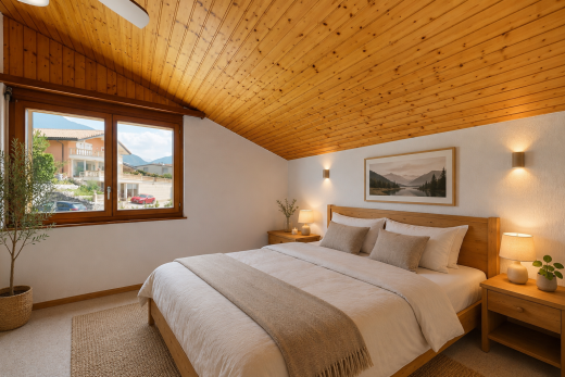 chambre avec plafond voûté, vaulted ceiling, pièce supplémentaire, plafond en bois, et wood ceiling