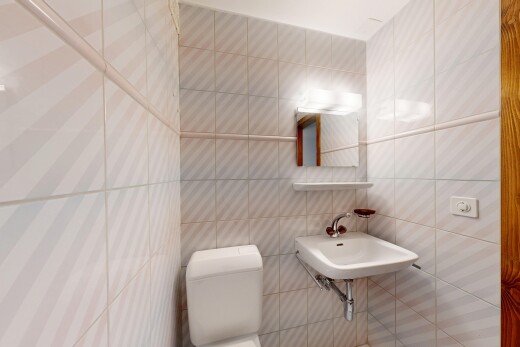 salle de bains avec toilette, miroir, tile wall, mur en carrelage, et évier