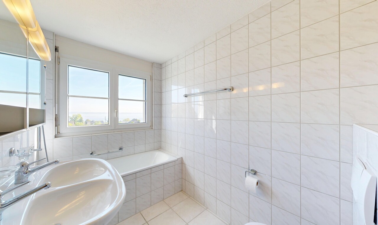bad mit fliesenwand, tile wall, day time, waschbecken, und natürliches licht