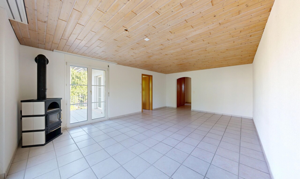 leerer raum mit holzdecke, wood ceiling, gewölbte gehwege, light floor, und holzofen