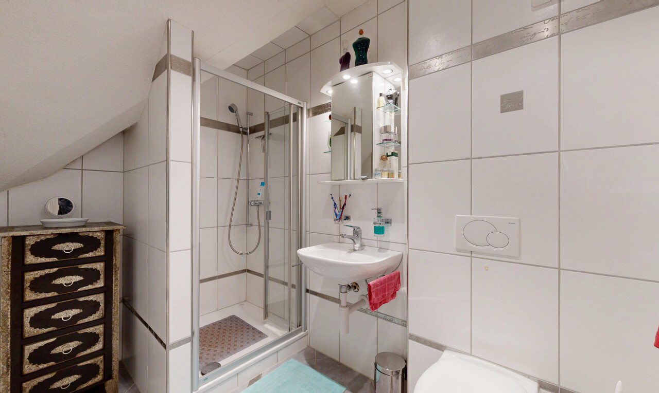 salle de bains avec mur en carrelage, tile wall, miroir, salle de bain complète, et douche