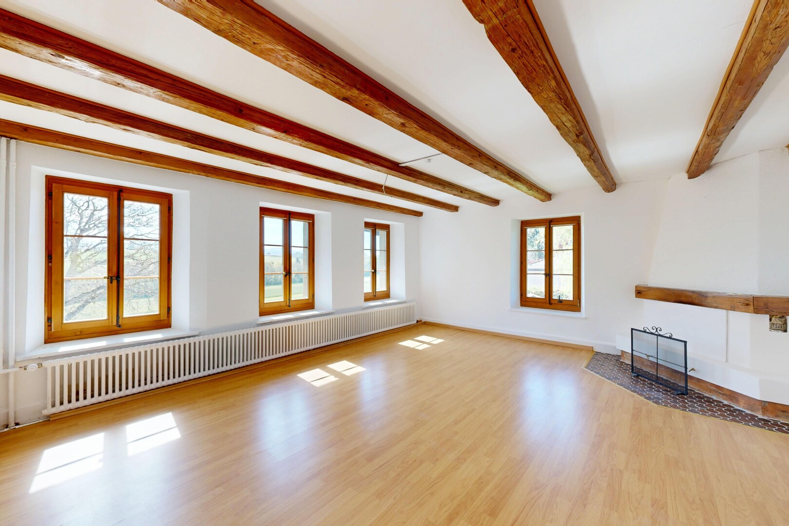 pièce vide avec wood finish floor, sol en finition bois, inside property, radiateur, et drywall