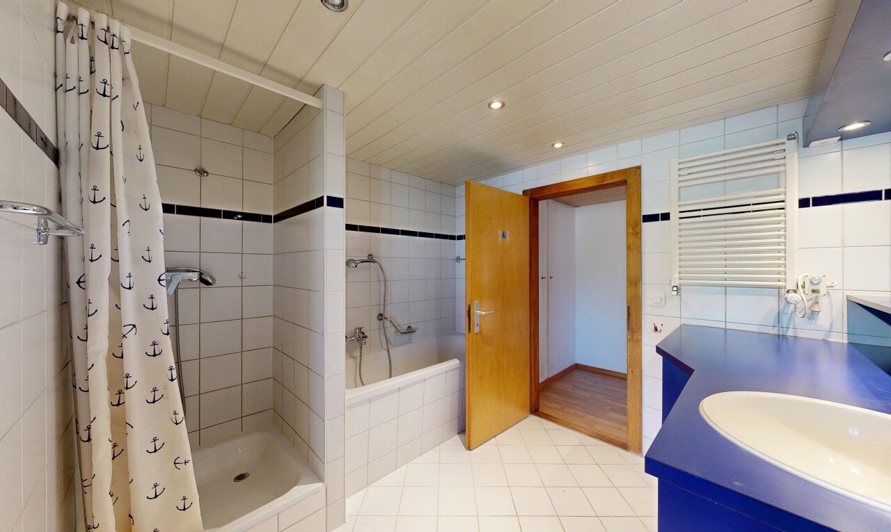 salle de bains avec salle de bain complète, douche, bain, radiateur, et inside property