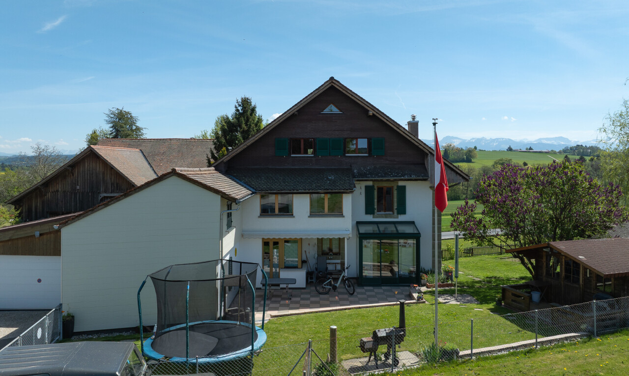 façade avec trampoline, terrasse, pelouse, clôture, et day time