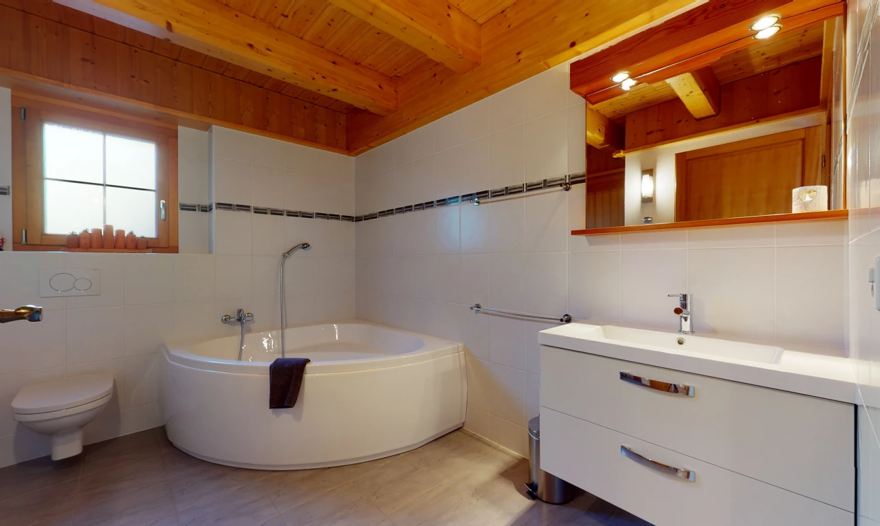 badezimmer mit natürlicher licht, toilette, spiegel, wanne und eitelkeit