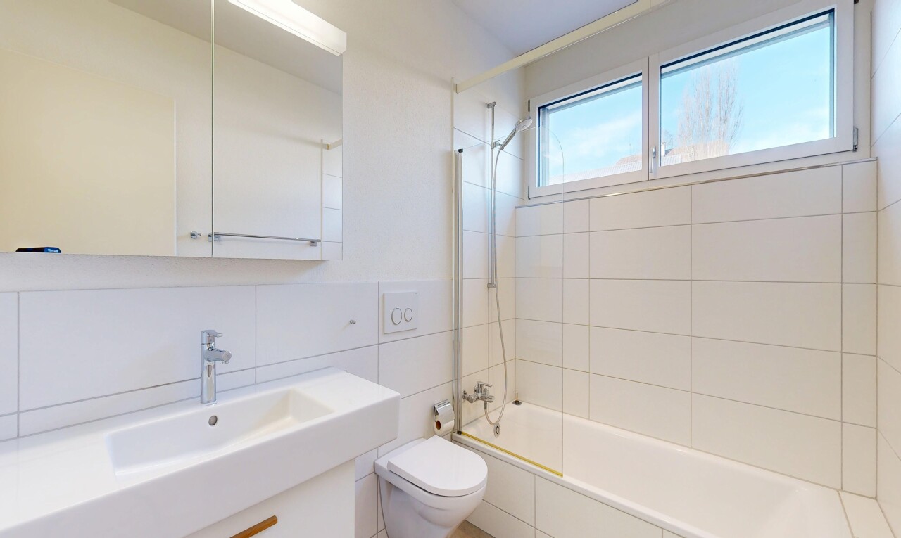 salle de bains avec salle de bain complète, douche-bain combinés, lavabo (ou coiffeuse selon le contexte), inside property, et miroir