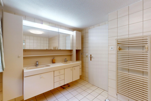 salle de bain avec miroir, carrelage, radiateur, double vasque, et meuble-lavabo