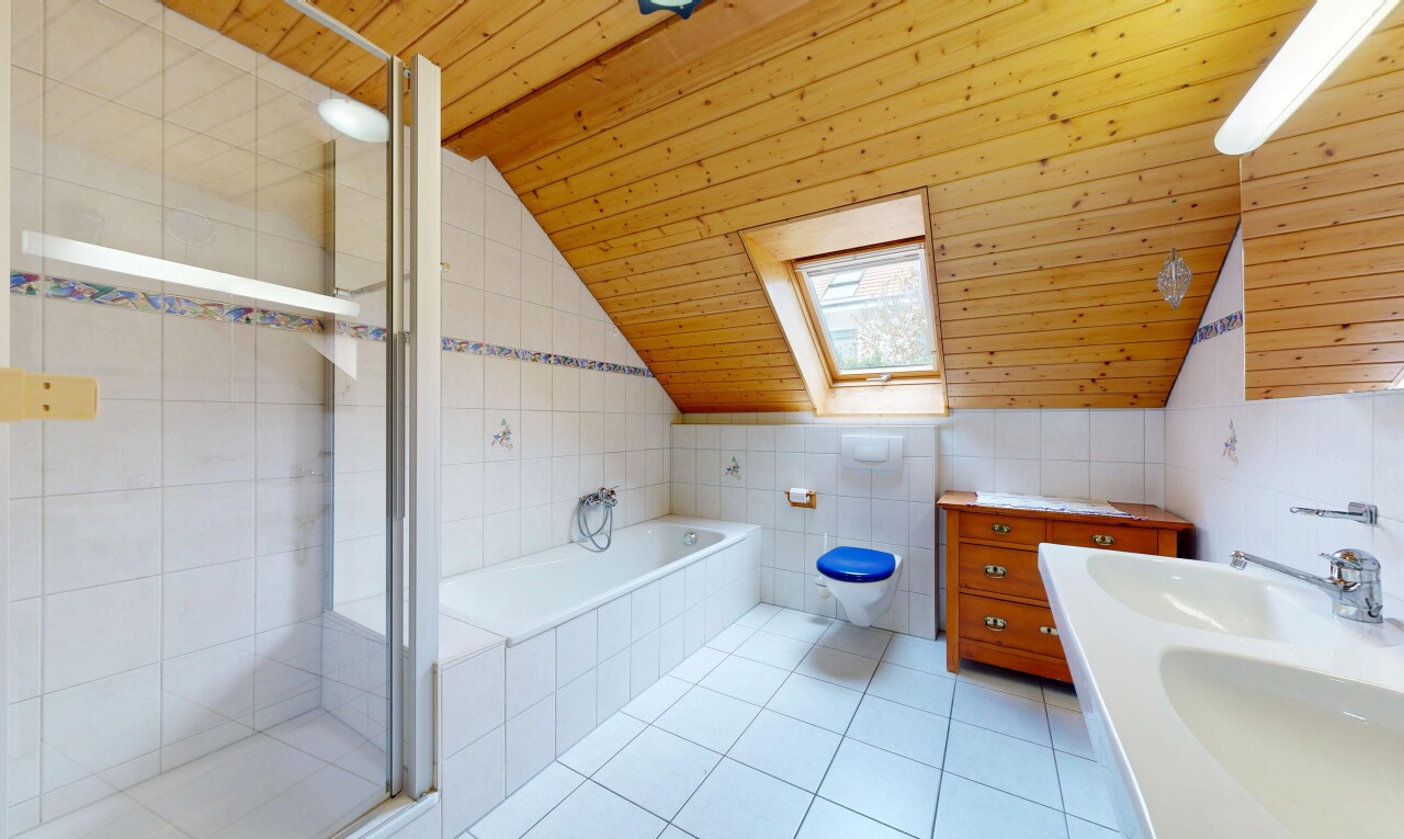 full bathroom featuring tile walls, a stall shower, a garden tub, light tile patterned floors, and a vaulted wood ceiling