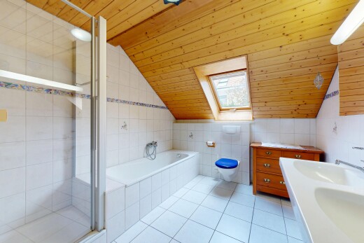 salle de bains avec mur en carrelage, tile wall, plafond voûté, vaulted ceiling, et douche