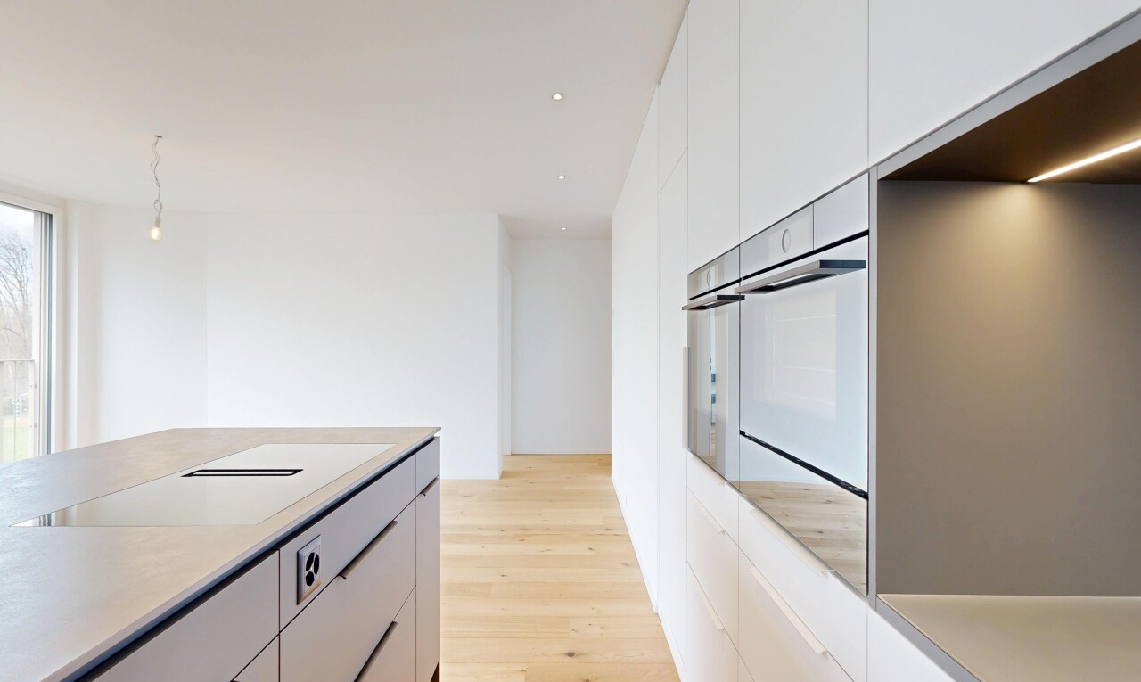 cuisine avec armoires à panneau plat, flat panel cabinets, light countertops, light floor, et sol en finition bois