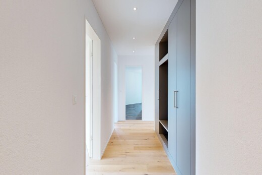 couloir avec sol en finition bois, wood finish floor, inside property, light floor, et cloison sèche