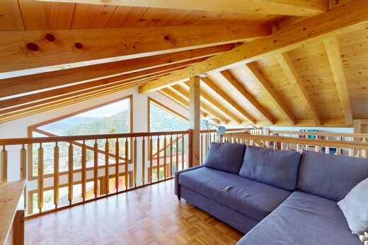 salon avec plafond voûté, vaulted ceiling, sol en finition bois, wood finish floor, et parquet floor