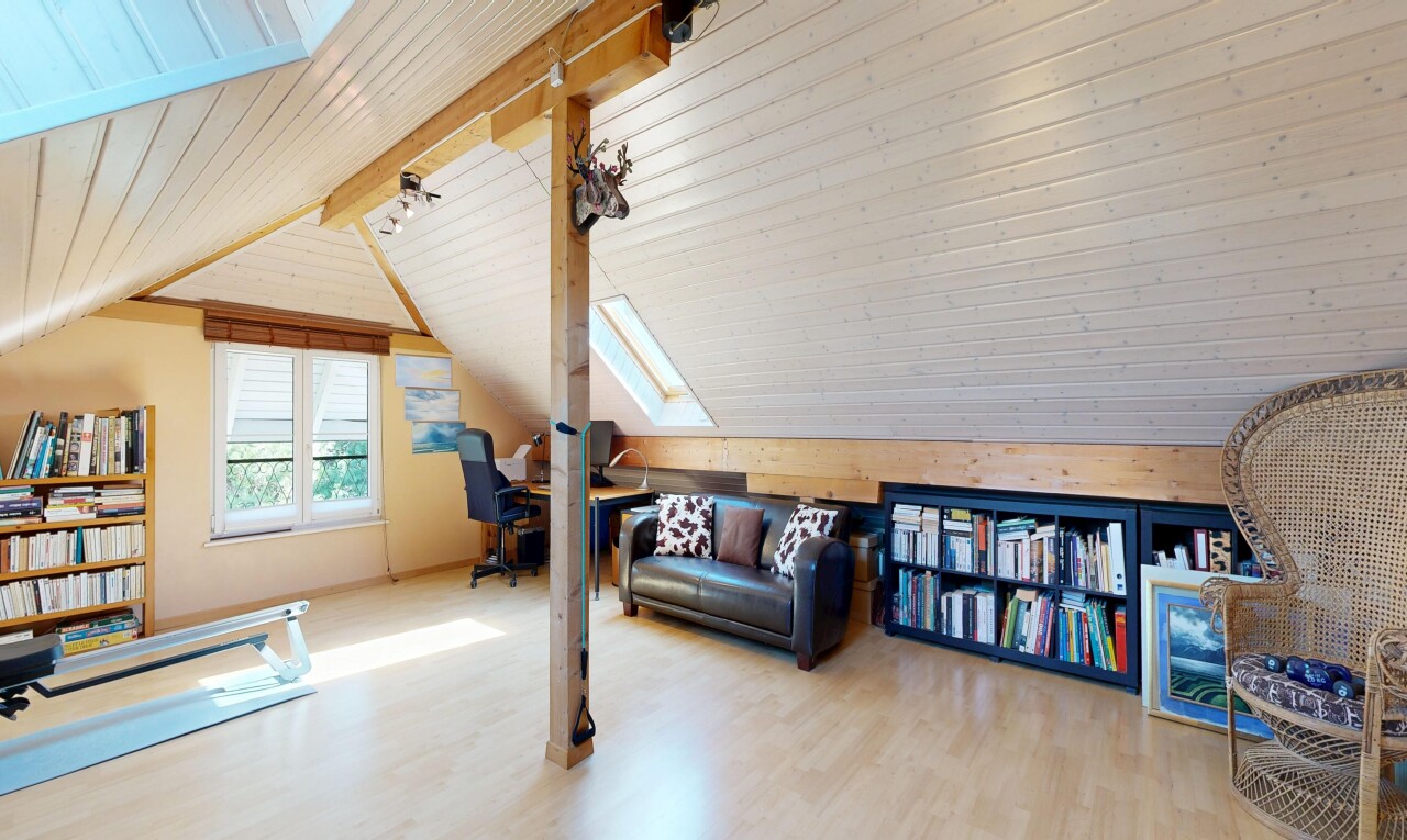 wohnzimmer mit dachfenster, zusätzliches zimmer, holzfußboden, wood finish floor, und balkendecke