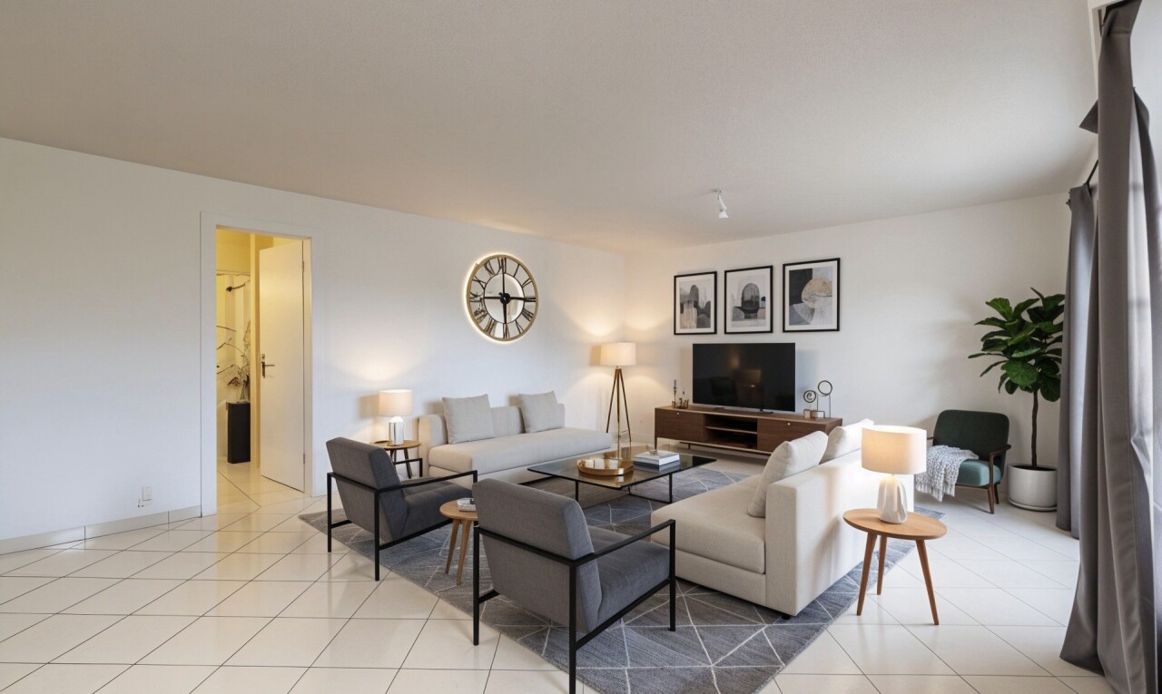 salon avec télévision, tile floor, sol en carrelage, drywall, et cloison sèche