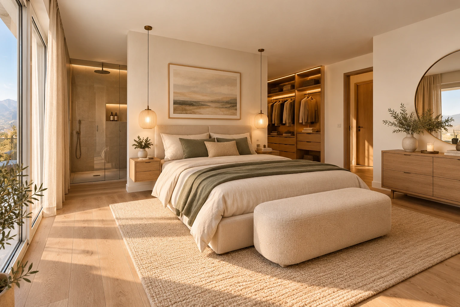 chambre avec éclairage suspendu, placard, inside property, sol en finition bois, et wood finish floor