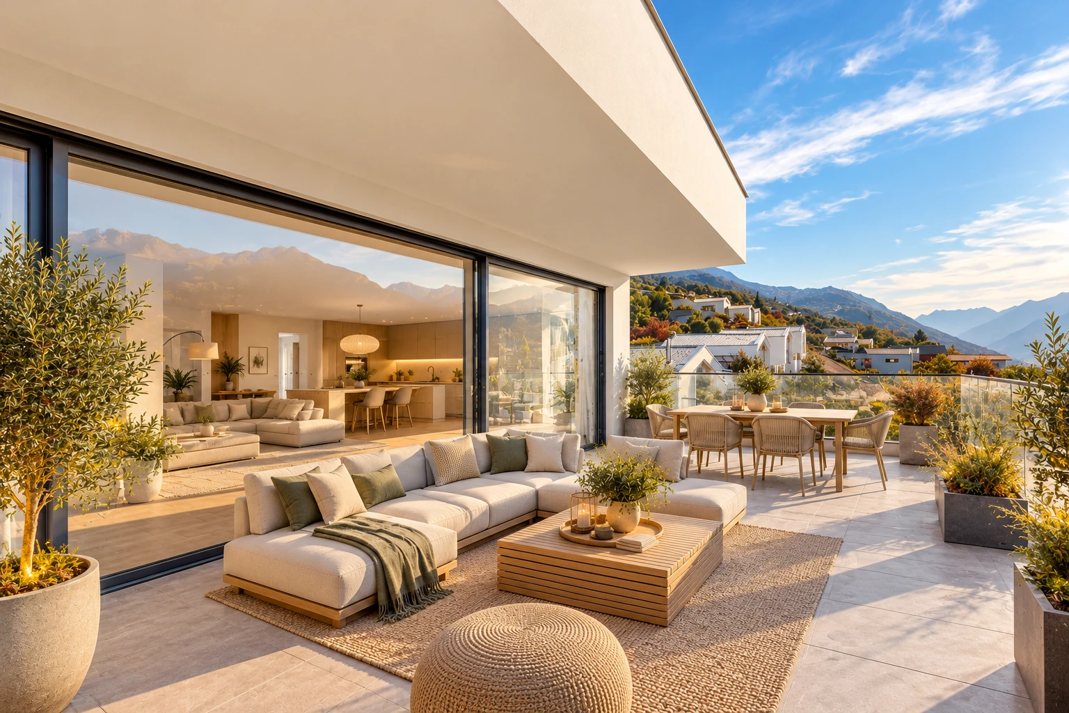 terrasse avec coin repas extérieur, mountain view, vue sur la montagne, day time, et espace de vie extérieur
