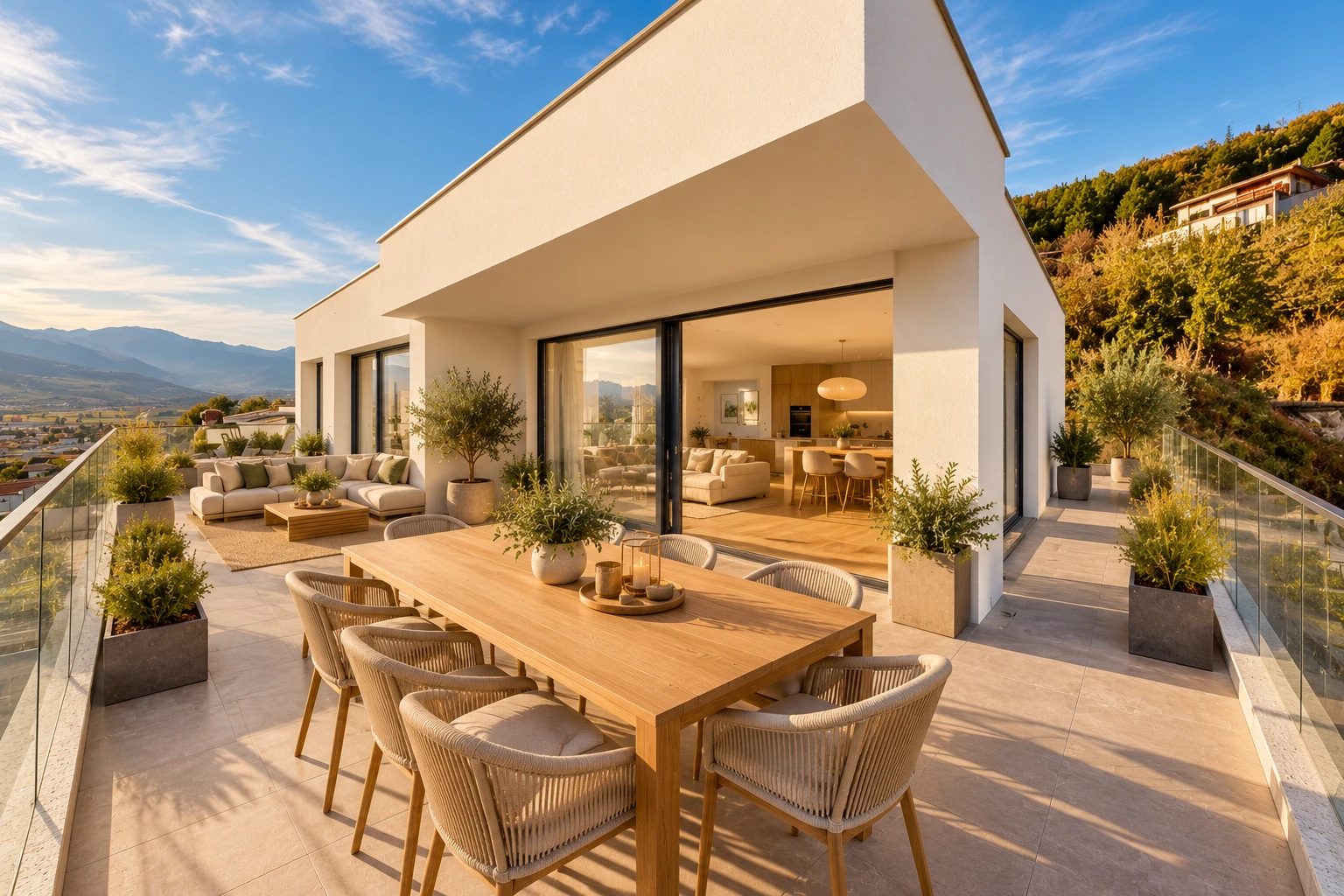 terrasse avec espace de vie extérieur, coin repas extérieur, vue sur la montagne, mountain view, et day time