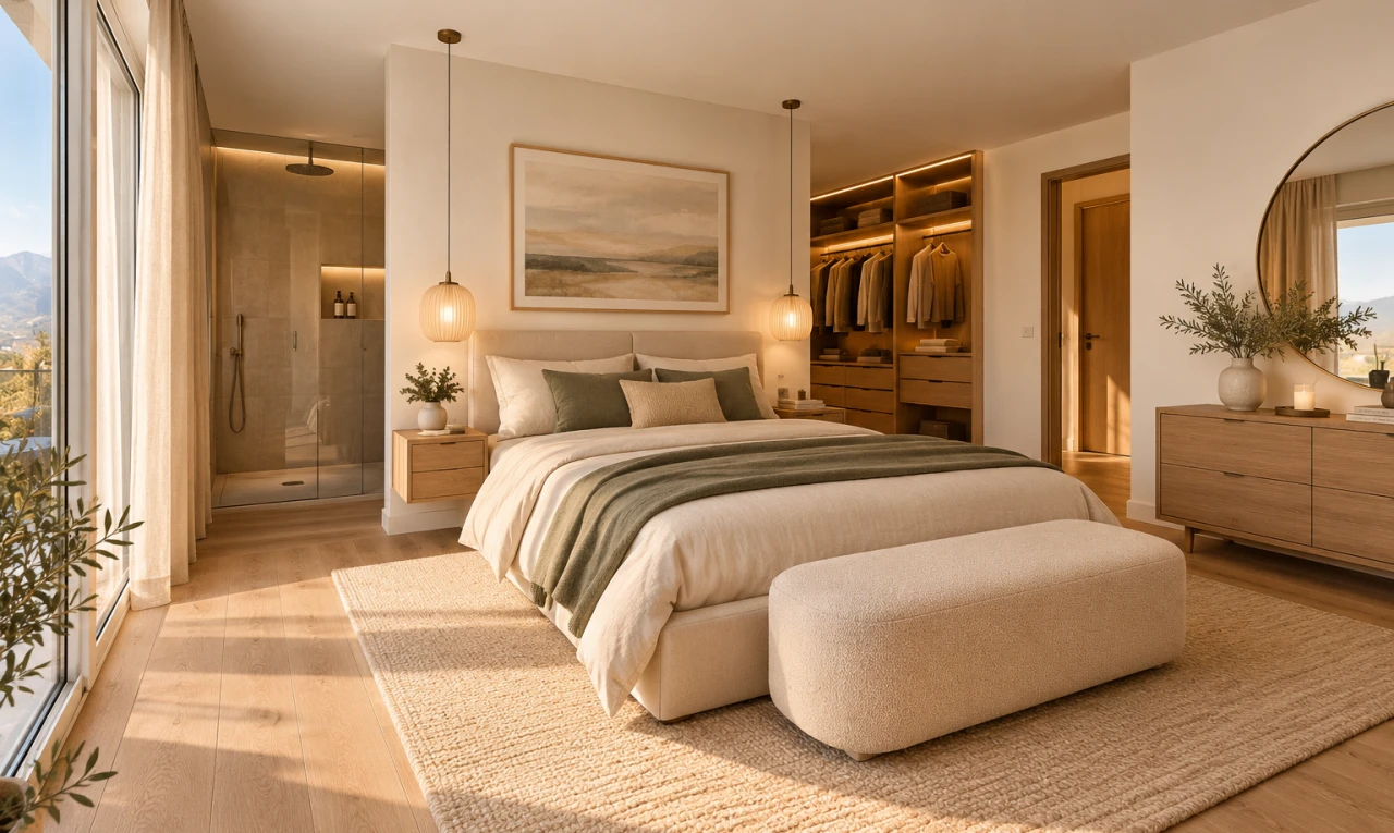 chambre avec éclairage suspendu, placard, inside property, sol en finition bois, et wood finish floor