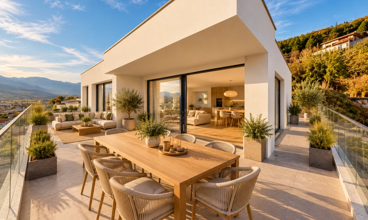 terrasse avec espace de vie extérieur, coin repas extérieur, vue sur la montagne, mountain view, et day time
