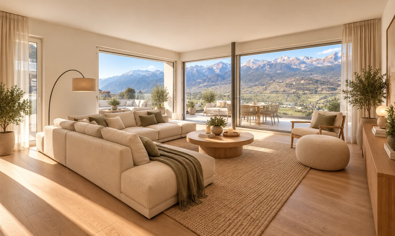 salon avec vue sur la montagne, mountain view, wood finish floor, sol en finition bois, et view focus
