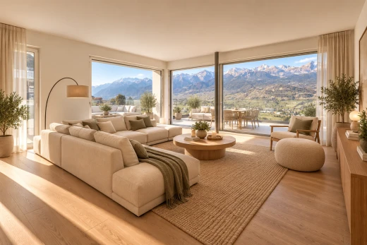 salon avec vue sur la montagne, mountain view, wood finish floor, sol en finition bois, et view focus