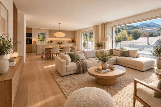 salon / salle à manger avec vue sur la montagne, mountain view, wood finish floor, sol en finition bois, et light floor