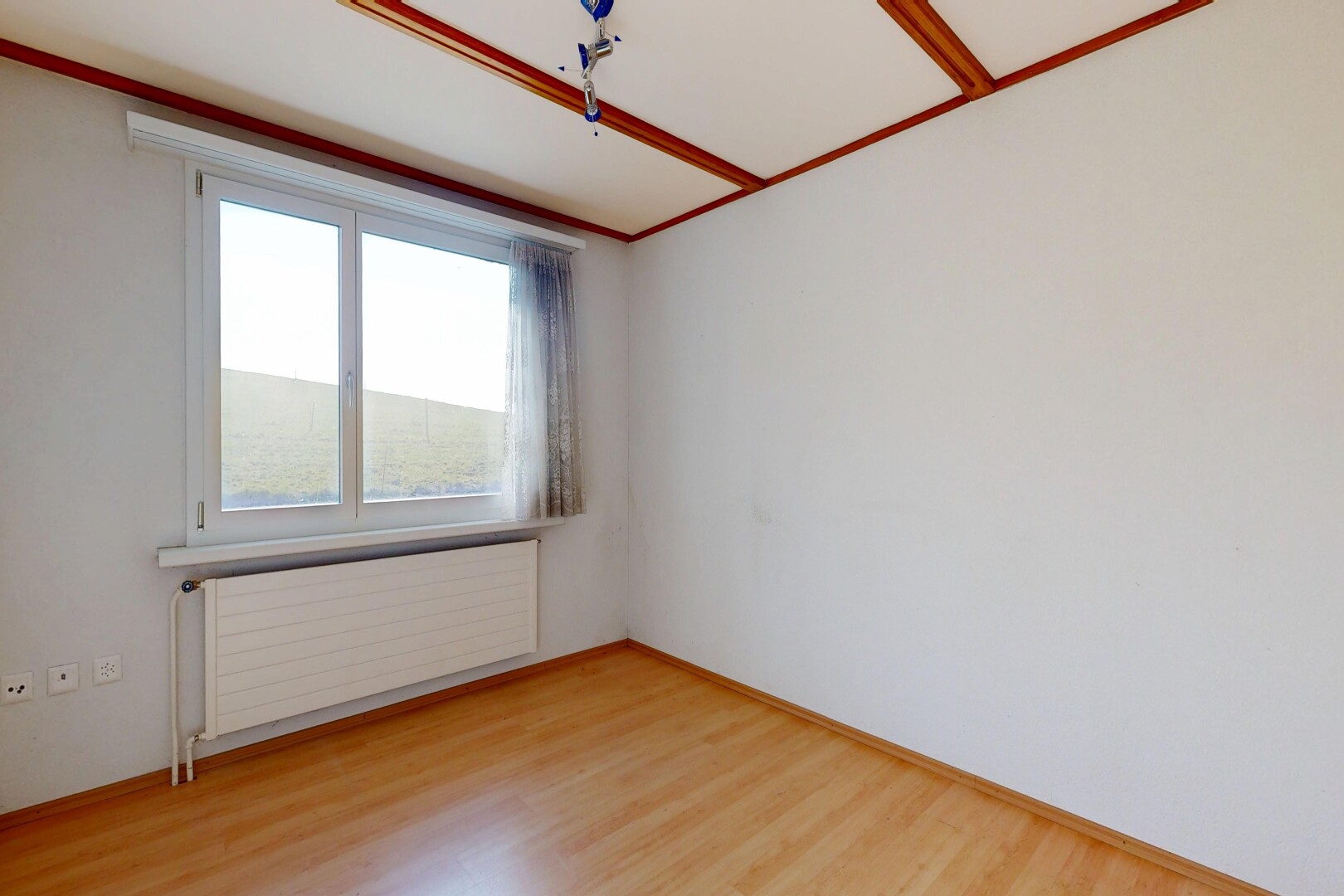 pièce vide avec radiateur, sol en finition bois, wood finish floor, lumière naturelle, et natural light
