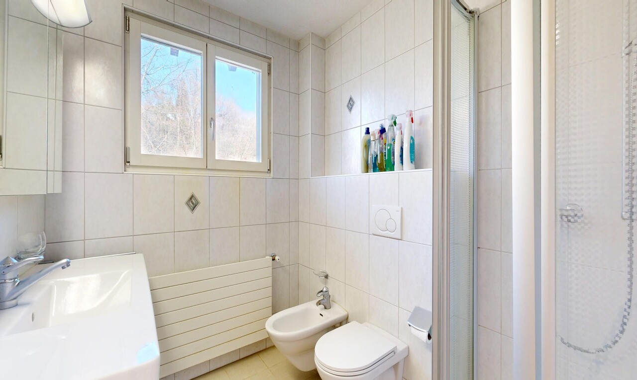 salle de bains avec tile wall, mur en carrelage, douche, radiateur, et salle de bain complète
