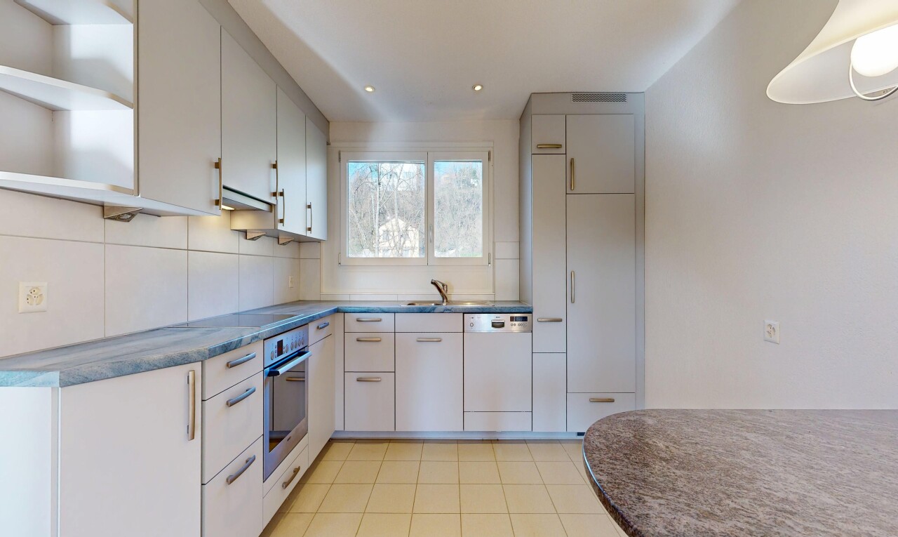 cuisine avec curved countertops, light floor, lave-vaisselle, dark countertops, et plans de travail