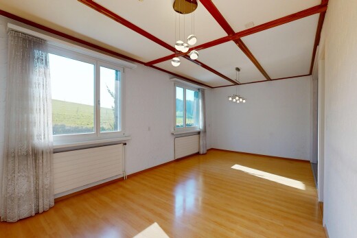 empty room featuring light wood finished floors, radiator heating unit, and suspended lighting