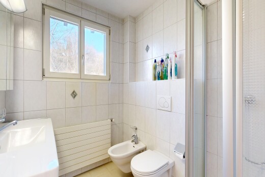 bathroom with tile walls, a shower stall, radiator, a bidet, and vanity