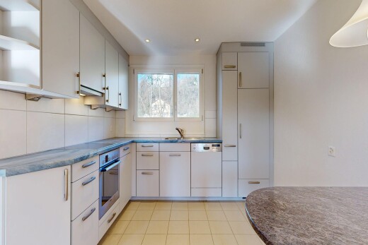 kitchen with dishwasher, dark countertops, stainless steel oven, open shelves, and extractor fan